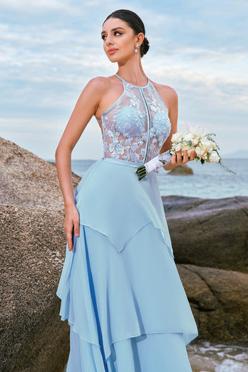 Halter Blue Floral A Line Bridesmaid Dress with Lace Up Back