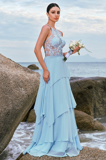 Halter Blue Floral A Line Bridesmaid Dress with Lace Up Back