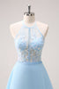 Load image into Gallery viewer, Sparkly Blue Halter Floral Long Bridesmaid Dress with Lace Up Back