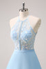 Load image into Gallery viewer, Sparkly Blue Halter Floral Long Bridesmaid Dress with Lace Up Back