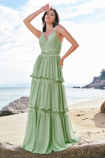 Green Ruffled Floral Bridesmaid Dress with Lace