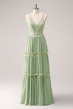 Green A Line Ruffled Floral Long Bridesmaid Dress with Lace