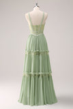 Green A Line Ruffled Floral Long Bridesmaid Dress with Lace