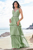 Load image into Gallery viewer, Green A Line Ruffled Floral Long Bridesmaid Dress with Lace