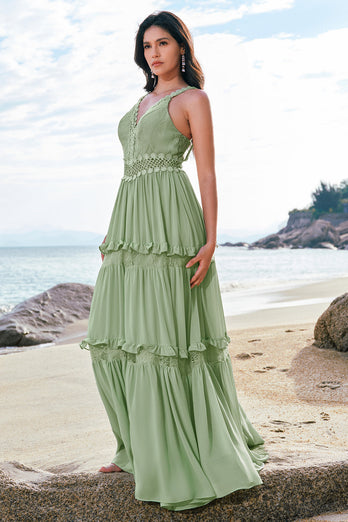 Green A Line Ruffled Floral Long Bridesmaid Dress with Lace