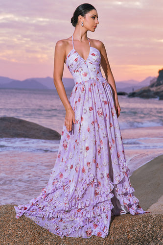 Chiffon Purple Floral Corset Halter Bridesmaid Dress with Slit