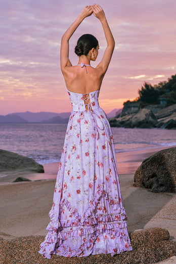 Chiffon Purple Floral Corset Halter Bridesmaid Dress with Slit