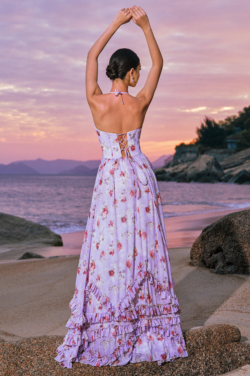 Load image into Gallery viewer, Chiffon Purple Floral Corset Halter Bridesmaid Dress with Slit