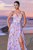 Load image into Gallery viewer, Chiffon Purple Floral Corset Halter Bridesmaid Dress with Slit