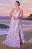 Load image into Gallery viewer, Chiffon Purple Floral Corset Halter Bridesmaid Dress with Slit