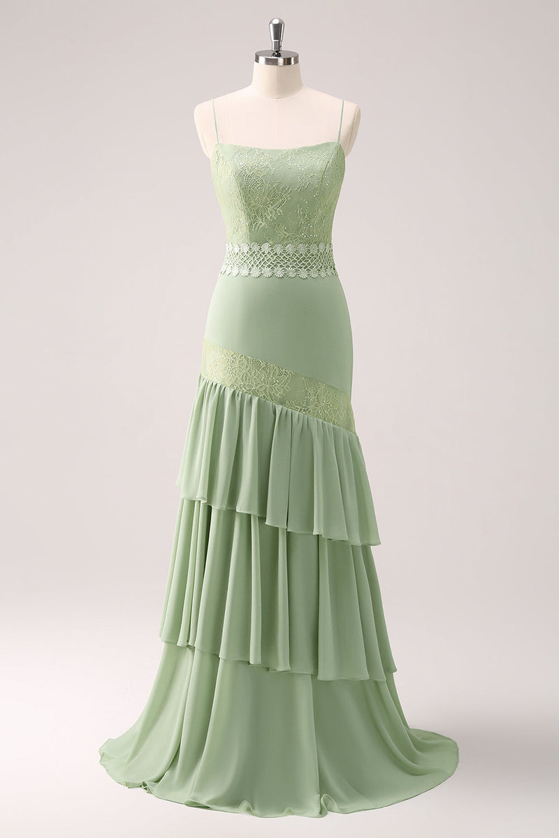 Load image into Gallery viewer, Green Floral Rufffled Chiffon Bridesmaid Dress with Lace