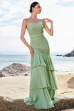 Green Floral Ruffled Chiffon Bridesmaid Dress with Lace