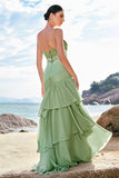 Green Floral Ruffled Chiffon Bridesmaid Dress with Lace