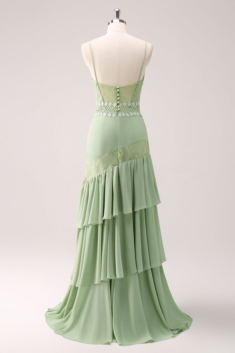 Load image into Gallery viewer, Green Floral Rufffled Chiffon Bridesmaid Dress with Lace