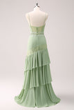Green Floral Ruffled Chiffon Bridesmaid Dress with Lace