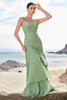 Load image into Gallery viewer, Green Mermaid Chiffon Long Ruffled Bridesmaid Dress with Lace