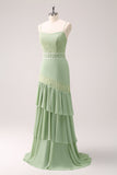 Green Floral Ruffled Chiffon Bridesmaid Dress with Lace