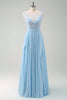 Load image into Gallery viewer, Sparkly Sky Blue Bateau Neck Pleated Long Bridesmaid Dress