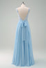 Load image into Gallery viewer, Sparkly Sky Blue Bateau Neck Pleated Long Bridesmaid Dress