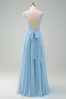 Sparkly Sky Blue Bateau Neck Pleated Long Bridesmaid Dress