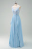 Load image into Gallery viewer, Sparkly Sky Blue Bateau Neck Pleated Long Bridesmaid Dress