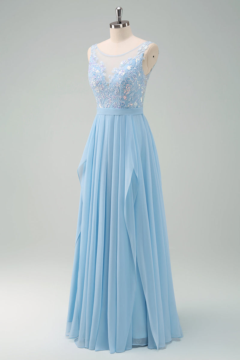 Load image into Gallery viewer, Sparkly Sky Blue Bateau Neck Pleated Long Bridesmaid Dress