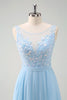 Load image into Gallery viewer, Sparkly Sky Blue Bateau Neck Pleated Long Bridesmaid Dress