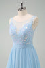 Load image into Gallery viewer, Sparkly Sky Blue Bateau Neck Pleated Long Bridesmaid Dress