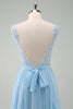 Load image into Gallery viewer, Sparkly Sky Blue Bateau Neck Pleated Long Bridesmaid Dress