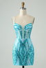 Load image into Gallery viewer, Sparkly Blue Bodycon Spaghetti Straps Corset Graduation Dress with Sequins