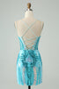 Load image into Gallery viewer, Sparkly Blue Bodycon Spaghetti Straps Corset Graduation Dress with Sequins