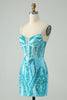 Load image into Gallery viewer, Sparkly Blue Bodycon Spaghetti Straps Corset Graduation Dress with Sequins