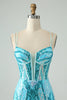 Load image into Gallery viewer, Sparkly Blue Bodycon Spaghetti Straps Corset Graduation Dress with Sequins