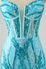 Load image into Gallery viewer, Sparkly Blue Bodycon Spaghetti Straps Corset Graduation Dress with Sequins