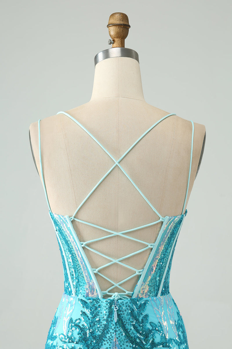 Load image into Gallery viewer, Sparkly Blue Bodycon Spaghetti Straps Corset Graduation Dress with Sequins