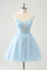 Load image into Gallery viewer, Cute Glitter Blue A Line Beaded Corset Tulle Graduation Dress with Appliques