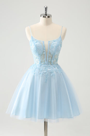 Cute Glitter Blue A Line Beaded Corset Tulle Graduation Dress with Appliques