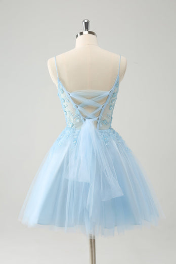 Cute Glitter Blue A Line Beaded Corset Tulle Graduation Dress with Appliques