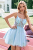 Load image into Gallery viewer, Cute Glitter A Line Beaded Corset Tulle Blue Graduation Dress with Appliques