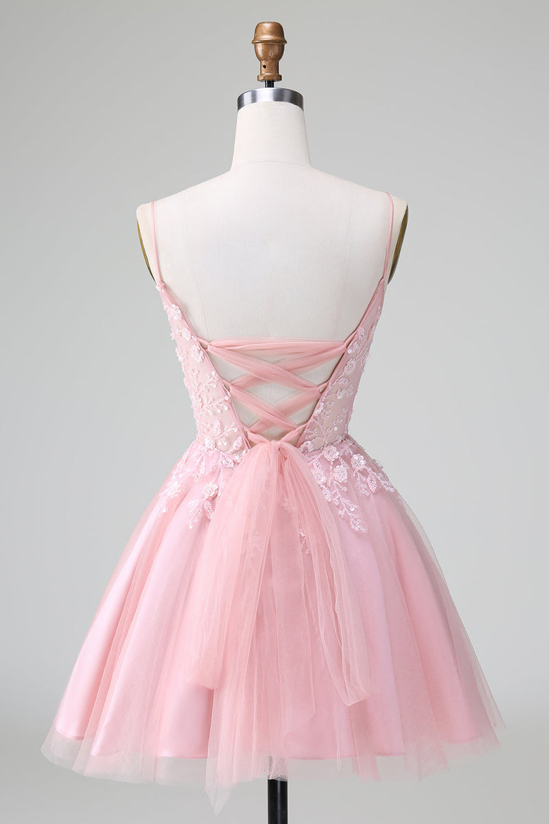 Load image into Gallery viewer, Princess Blush Floral Appliques Tulle A Line Short Graduation Dress with Lace-up Back