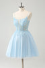 Load image into Gallery viewer, Cute Glitter Blue A Line Beaded Corset Tulle Graduation Dress with Appliques