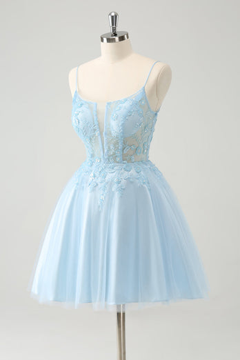 Cute Glitter Blue A Line Beaded Corset Tulle Graduation Dress with Appliques