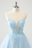 Load image into Gallery viewer, Cute Glitter Blue A Line Beaded Corset Tulle Graduation Dress with Appliques