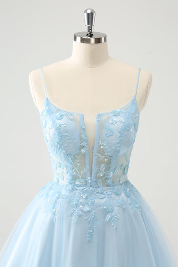 Cute Glitter Blue A Line Beaded Corset Tulle Graduation Dress with Appliques