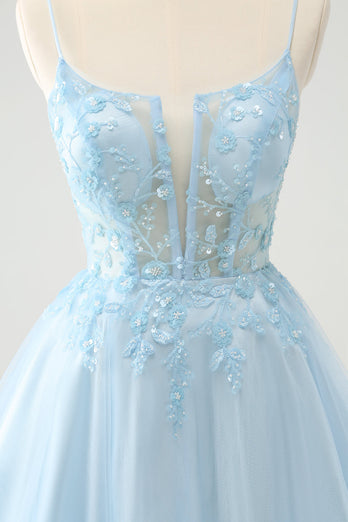 Cute Glitter Blue A Line Beaded Corset Tulle Graduation Dress with Appliques