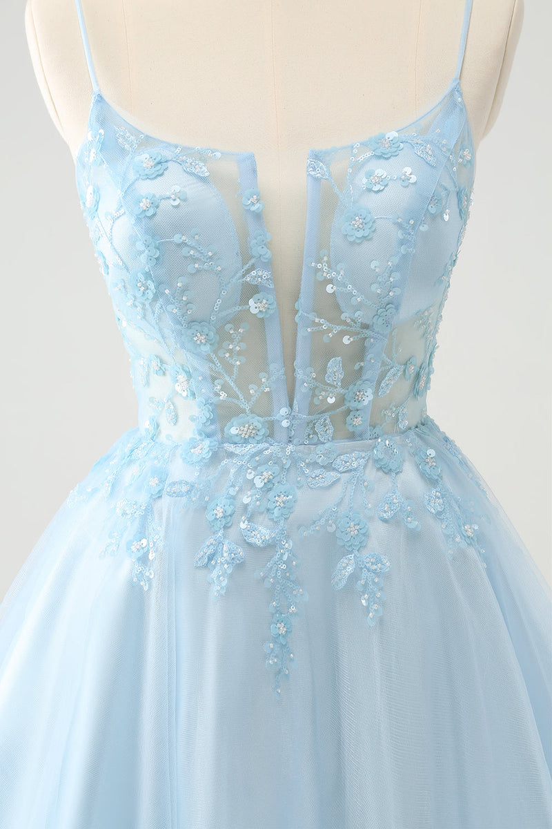 Load image into Gallery viewer, Cute Glitter Blue A Line Beaded Corset Tulle Graduation Dress with Appliques