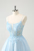 Load image into Gallery viewer, Cute Glitter Blue A Line Beaded Corset Tulle Graduation Dress with Appliques