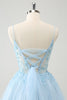 Load image into Gallery viewer, Cute Glitter Blue A Line Beaded Corset Tulle Graduation Dress with Appliques