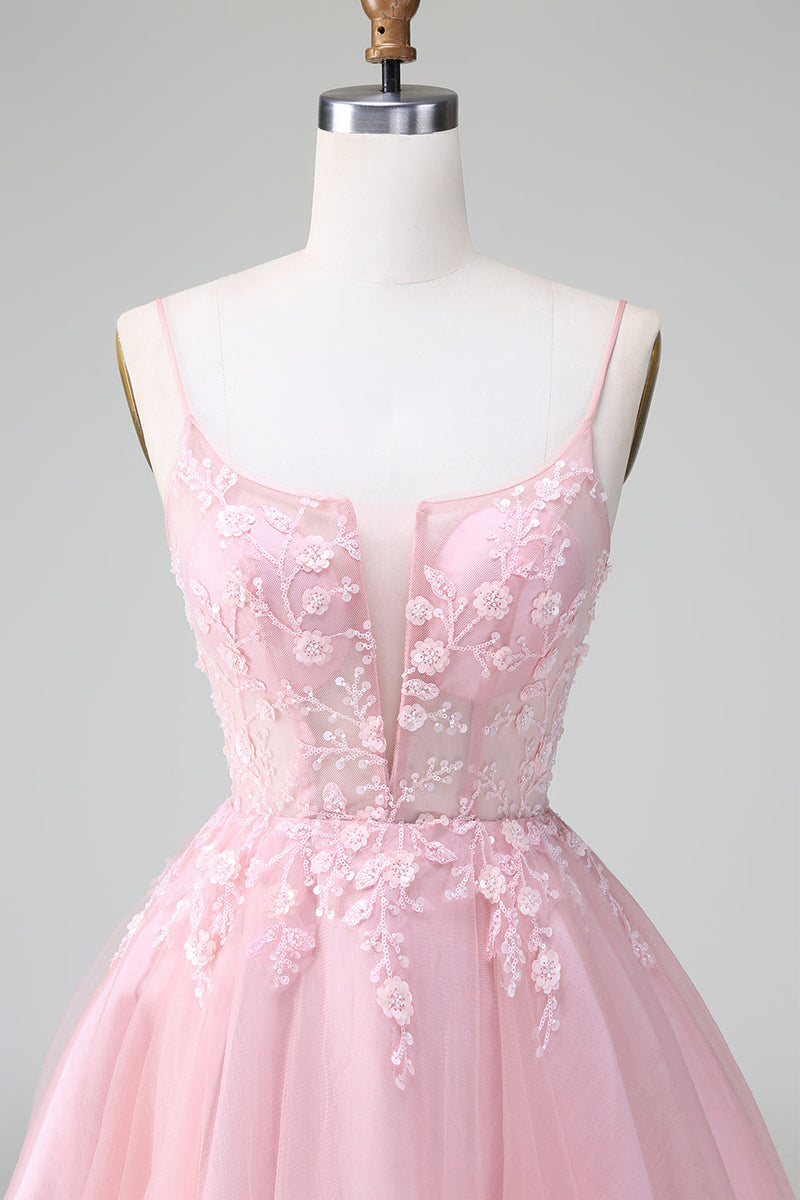 Load image into Gallery viewer, Princess Blush Floral Appliques Tulle A Line Short Graduation Dress with Lace-up Back