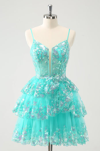 Sparkly Green A Line Spaghetti Straps Corset Tiered Sequin Graduation Dress